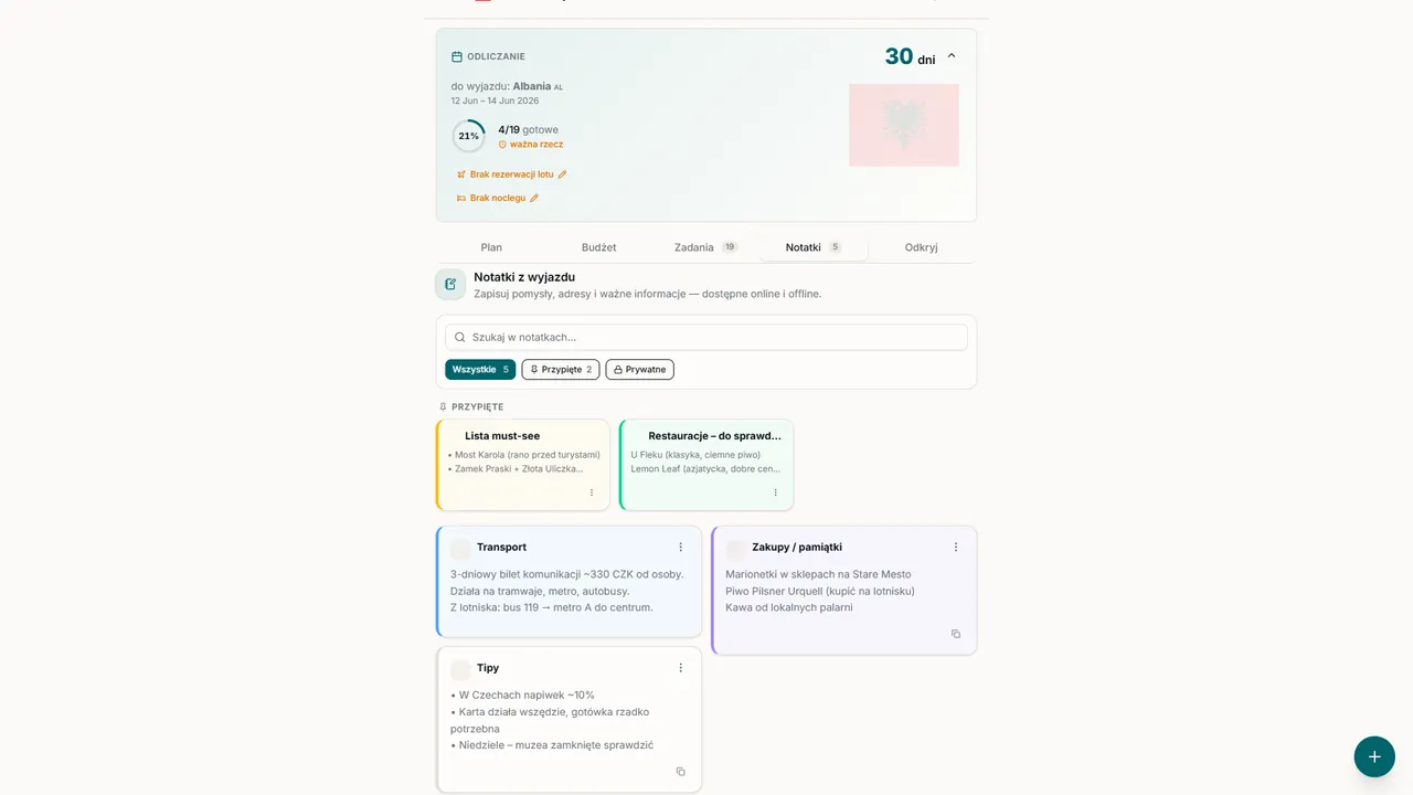 Notatki grupy — Adresy, hasła WiFi, porady: baza wiedzy dostępna offline.