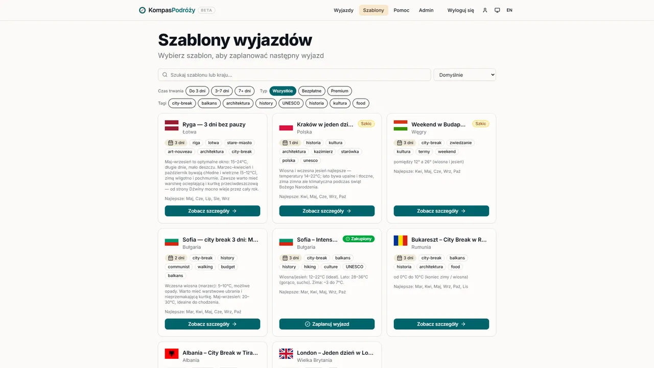 Lista gotowych planów podróży — karty wyjazdów z flagą, długością i ceną.